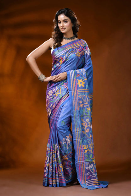 Tufts blue silk kantha stitch saree with multicolor floral design 1