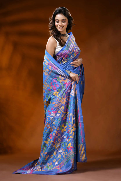 Tufts blue silk kantha stitch saree with multicolor floral design 4