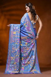 Tufts blue silk kantha stitch saree with multicolor floral design 5