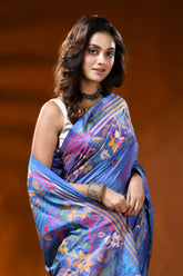 Tufts blue silk kantha stitch saree with multicolor floral design 2