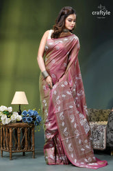 Turkish rose dual-tone heritage silk kantha stitch saree woman wears pink beige silk 4