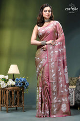 Turkish rose dual-tone heritage silk kantha stitch saree woman wears pink beige saree 6