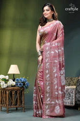 Turkish rose dual-tone heritage silk kantha stitch saree woman wears dusty rose silk 3