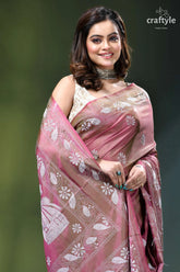 Turkish rose dual-tone heritage silk kantha stitch saree pink white patterned silk saree 2