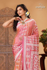 Turkish Rose White Thread Dualtone Silk Kantha Saree - Craftyle