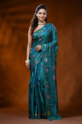 Turquoise blue silk kantha stitch saree - village nature design 1