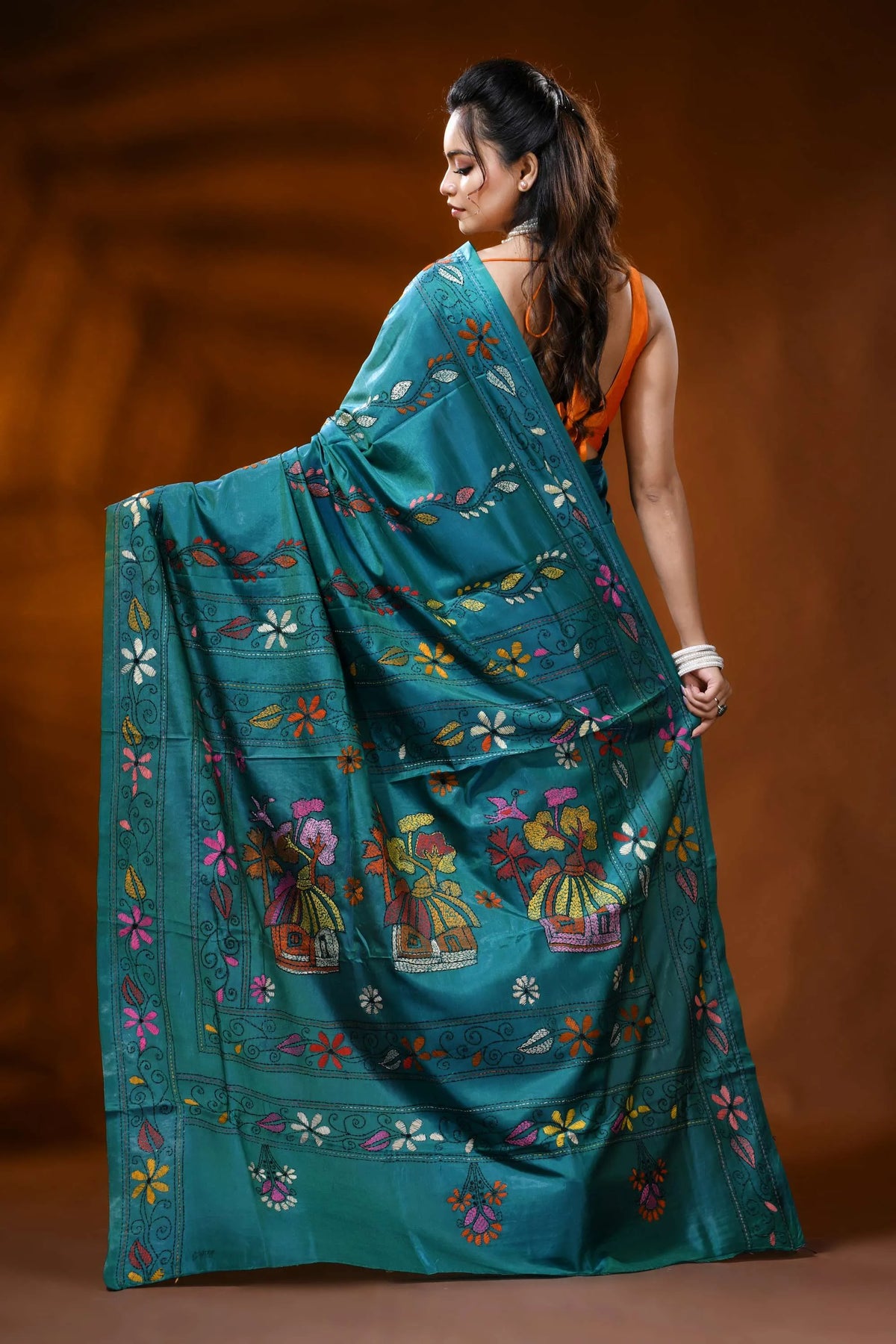 Turquoise blue silk kantha stitch saree - village nature design 5