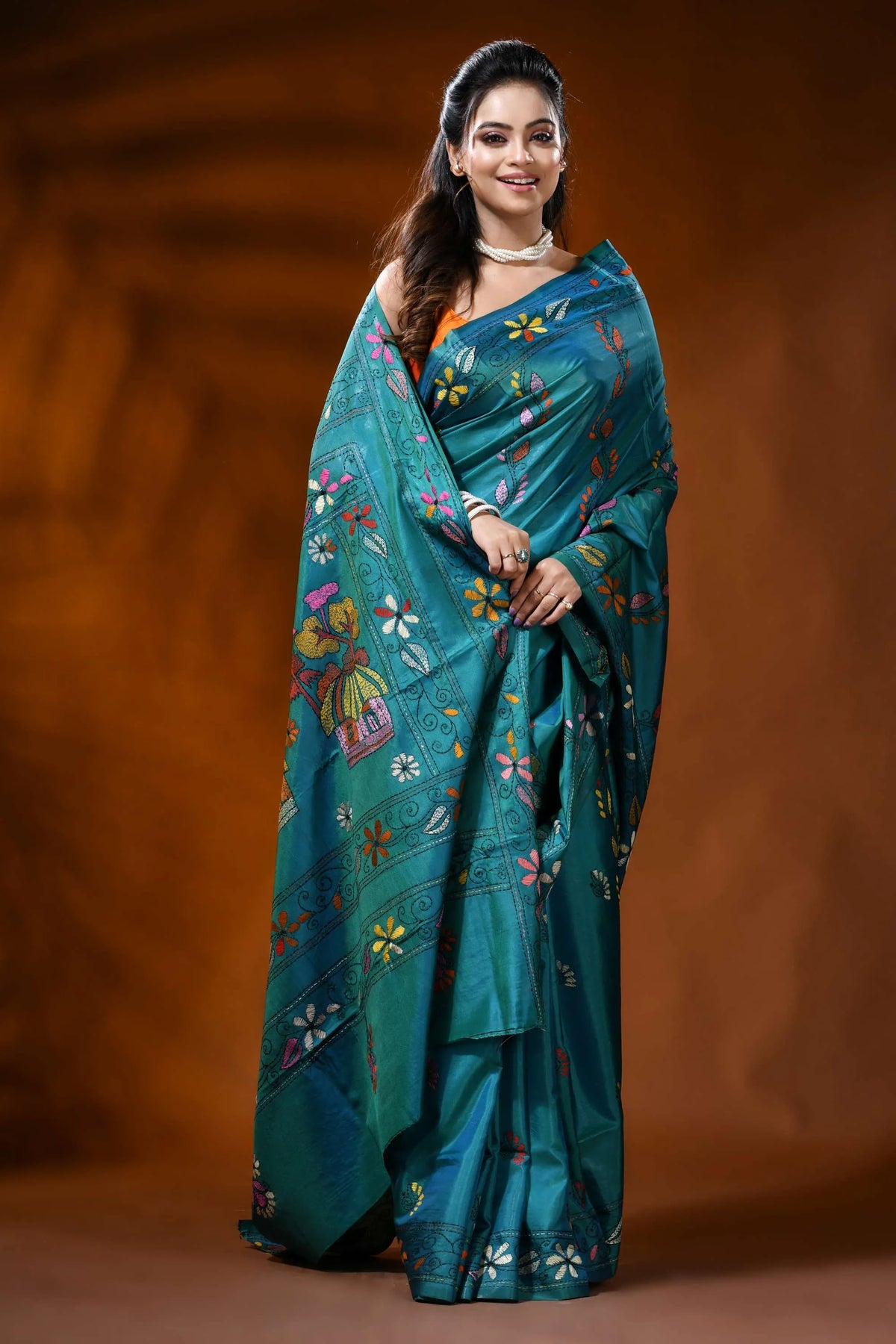 Turquoise blue silk kantha stitch saree - village nature design 4