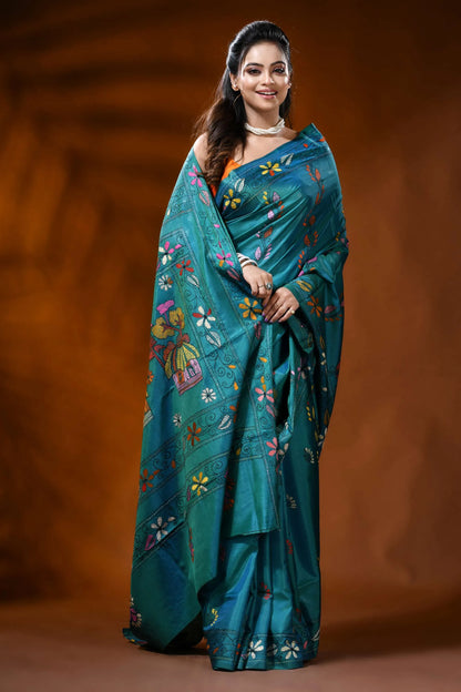 Turquoise blue silk kantha stitch saree - village nature design 4