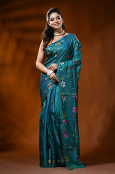Turquoise blue silk kantha stitch saree - village nature design 6