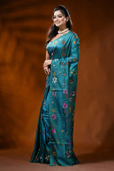 Turquoise blue silk kantha stitch saree - village nature design 3