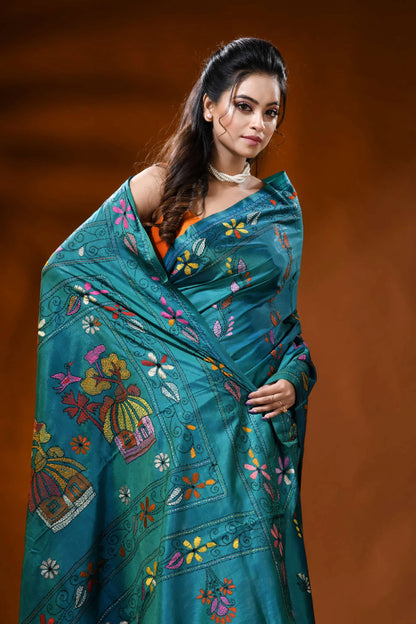 Turquoise blue silk kantha stitch saree - village nature design 2