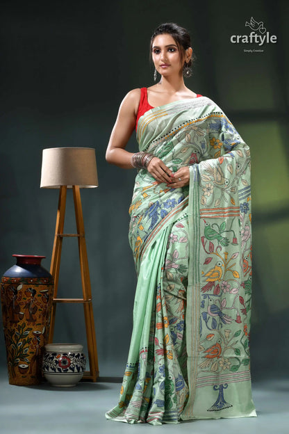 Turquoise green bird motif bengal heritage silk kantha saree mint green saree intricate floral 7