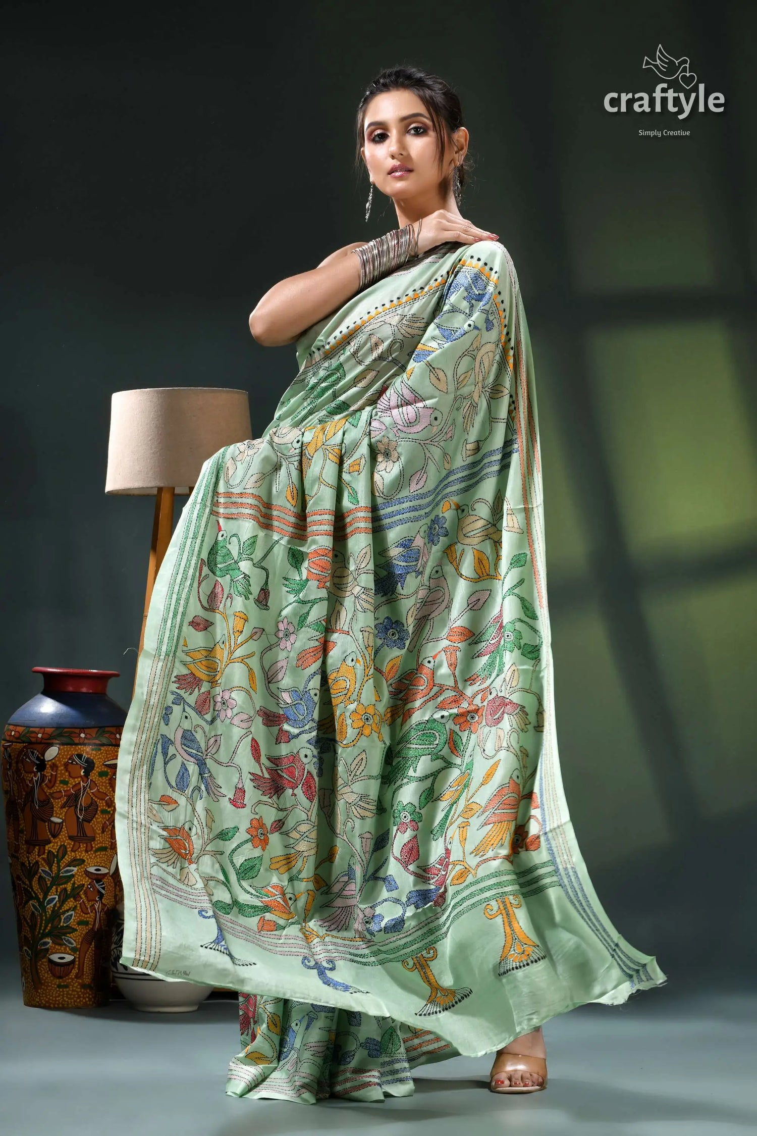 Turquoise green bird motif bengal heritage silk kantha saree mint green floral saree intricate 4