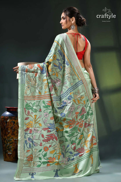 Turquoise green bird motif bengal heritage silk kantha saree pastel green white saree intricate 6