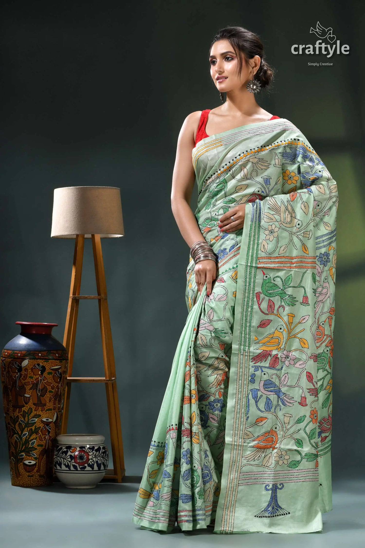 Turquoise green bird motif bengal heritage silk kantha saree mint green saree floral geometric 3