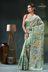 Turquoise green bird motif bengal heritage silk kantha saree mint green saree floral geometric 3