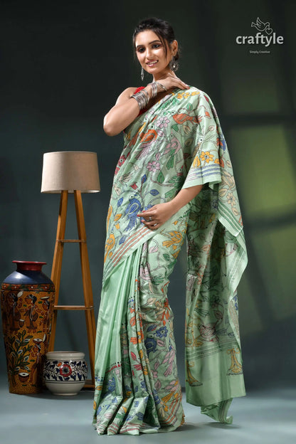 Turquoise green bird motif bengal heritage silk kantha saree mint green floral saree intricate 5