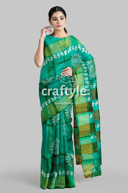 Turquoise Green Hand Block Print Pure Tussar Silk Saree with Zari Border - Craftyle