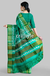 Turquoise Green Hand Block Print Pure Tussar Silk Saree with Zari Border - Craftyle