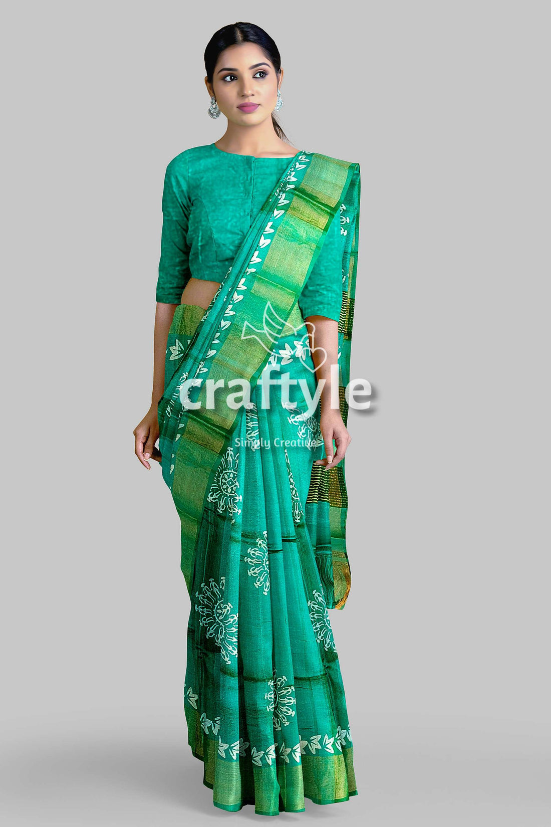 Turquoise Green Hand Block Print Pure Tussar Silk Saree with Zari Border - Craftyle