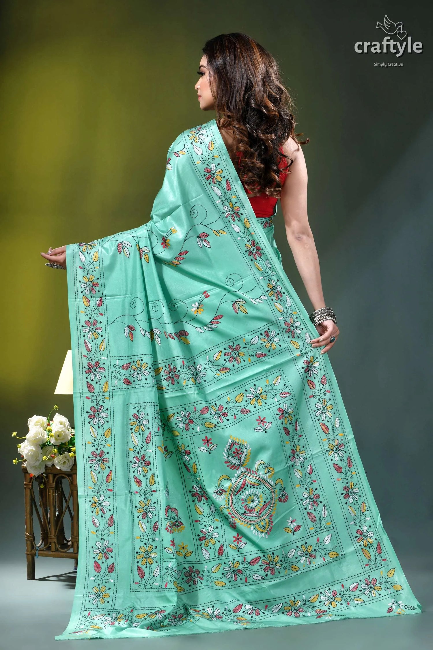 Turquoise green multi-thread floral kantha embroidery silk saree light turquoise saree intricate floral 5