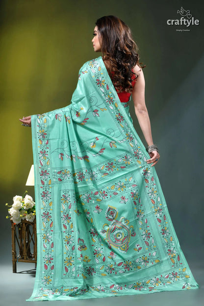 Turquoise green multi-thread floral kantha embroidery silk saree light turquoise saree intricate floral 5
