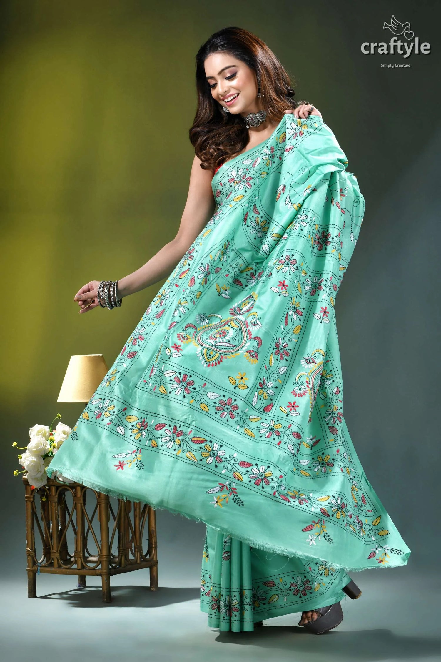 Turquoise green multi-thread floral kantha embroidery silk saree mint green silk saree adorned 4