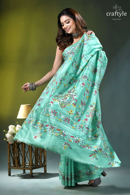 Turquoise green multi-thread floral kantha embroidery silk saree mint green silk saree adorned 4
