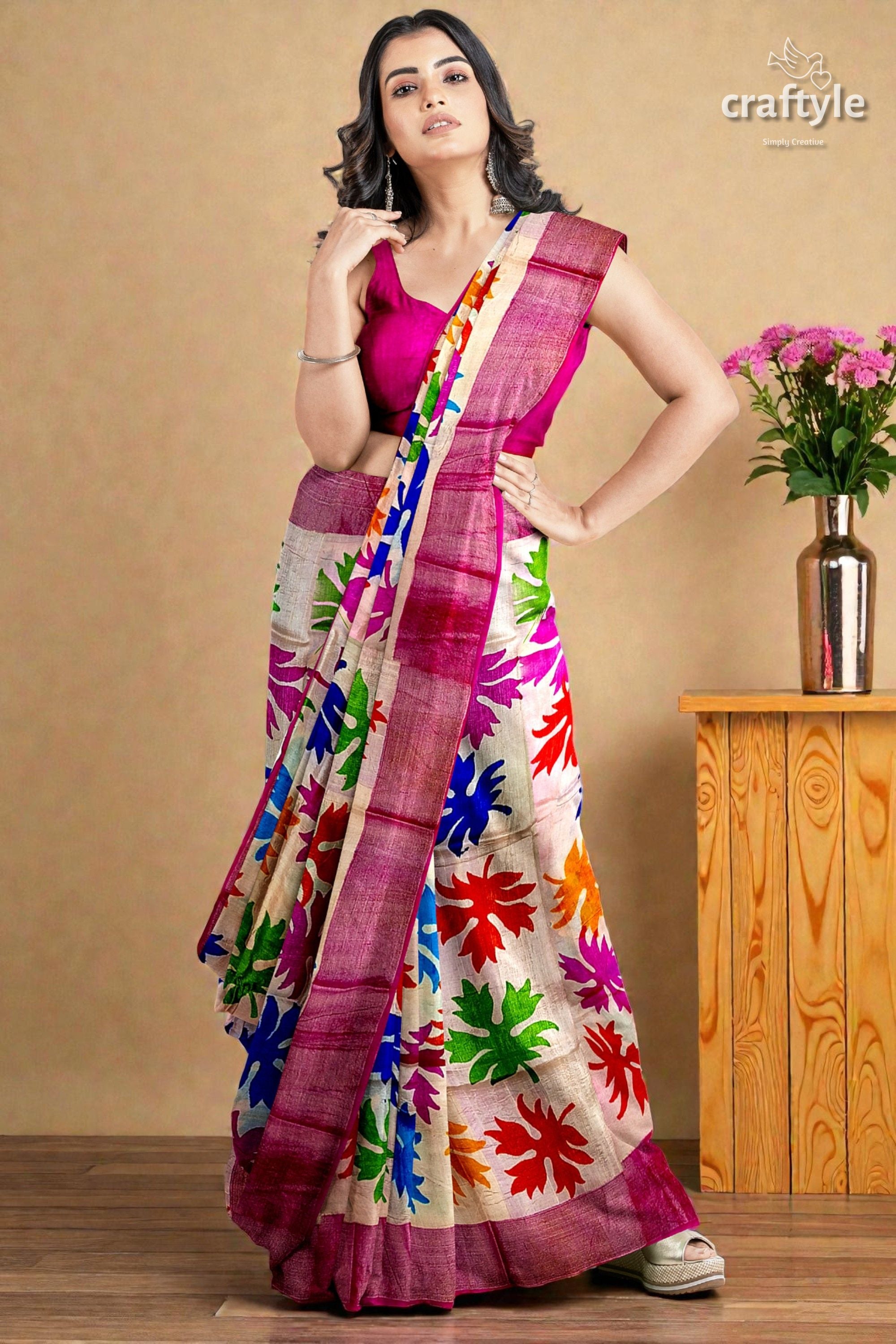 Multicolor Hand Block Print Zari Border Pure Tussar Silk Saree
