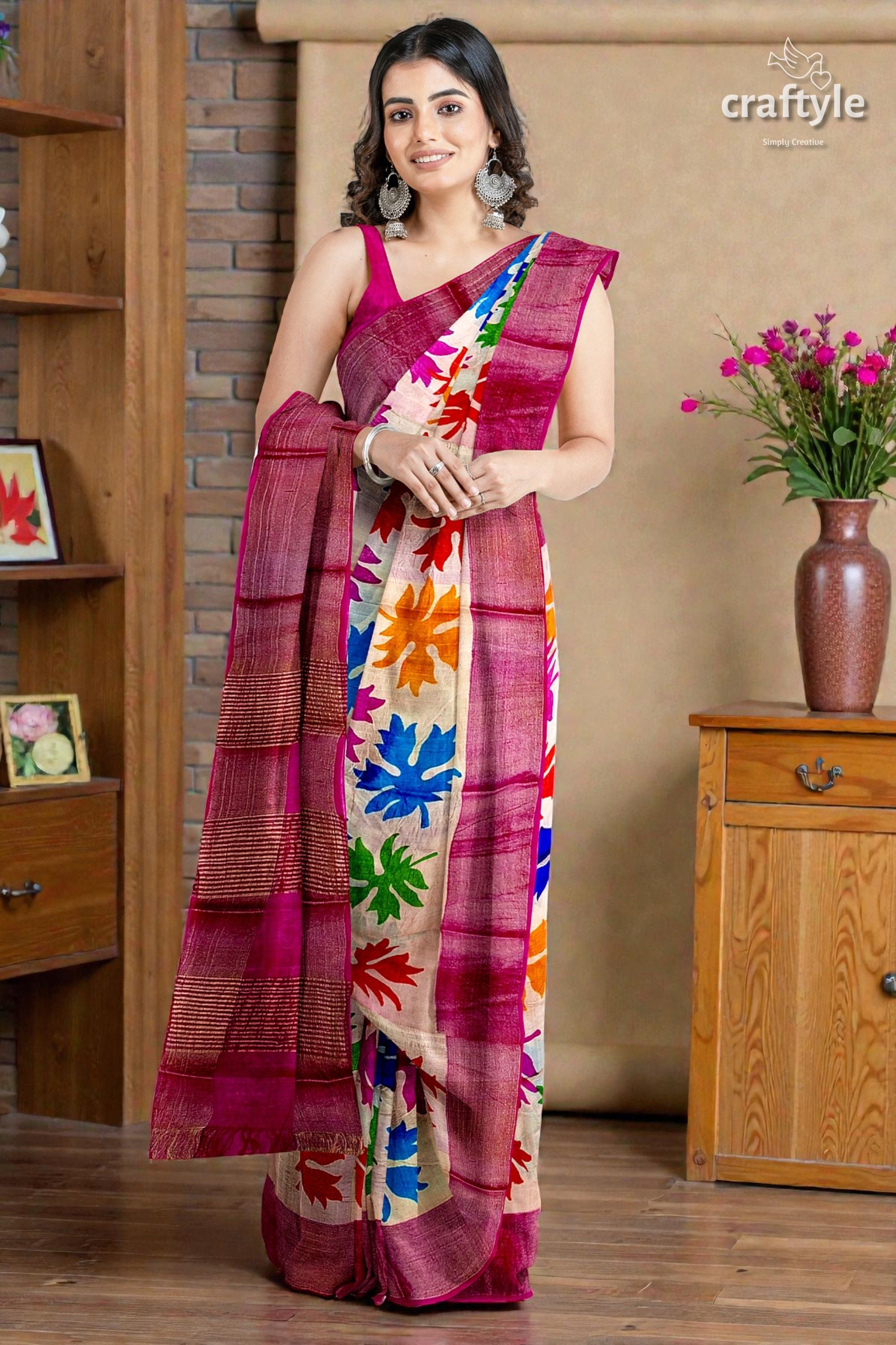 Multicolor Hand Block Print Zari Border Pure Tussar Silk Saree