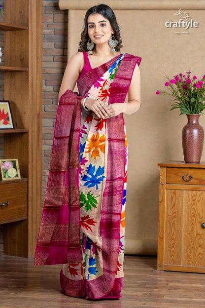 Multicolor Hand Block Print Zari Border Pure Tussar Silk Saree