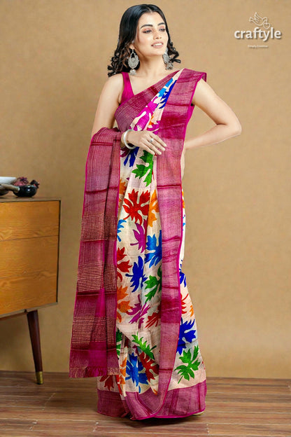 Multicolor Hand Block Print Zari Border Pure Tussar Silk Saree