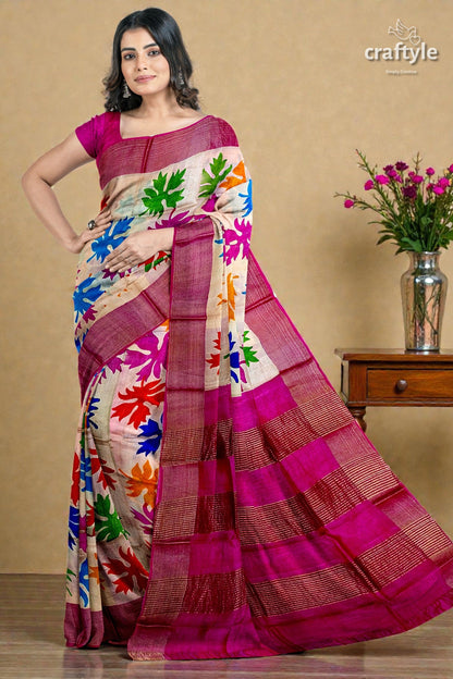 Multicolor Hand Block Print Zari Border Pure Tussar Silk Saree