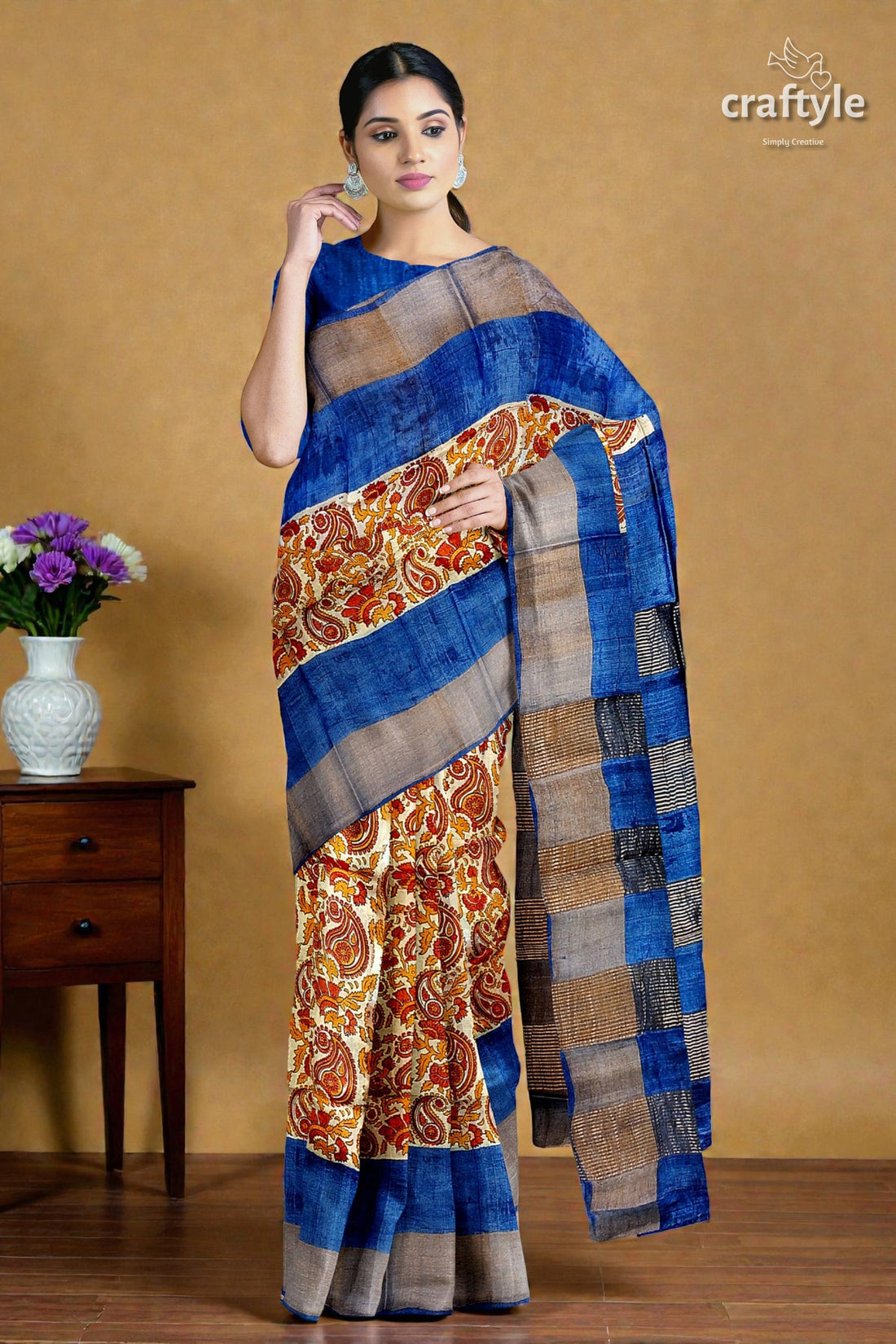 Sand Brown Hand Block Print Pure Tussar Silk Saree with Zari Border