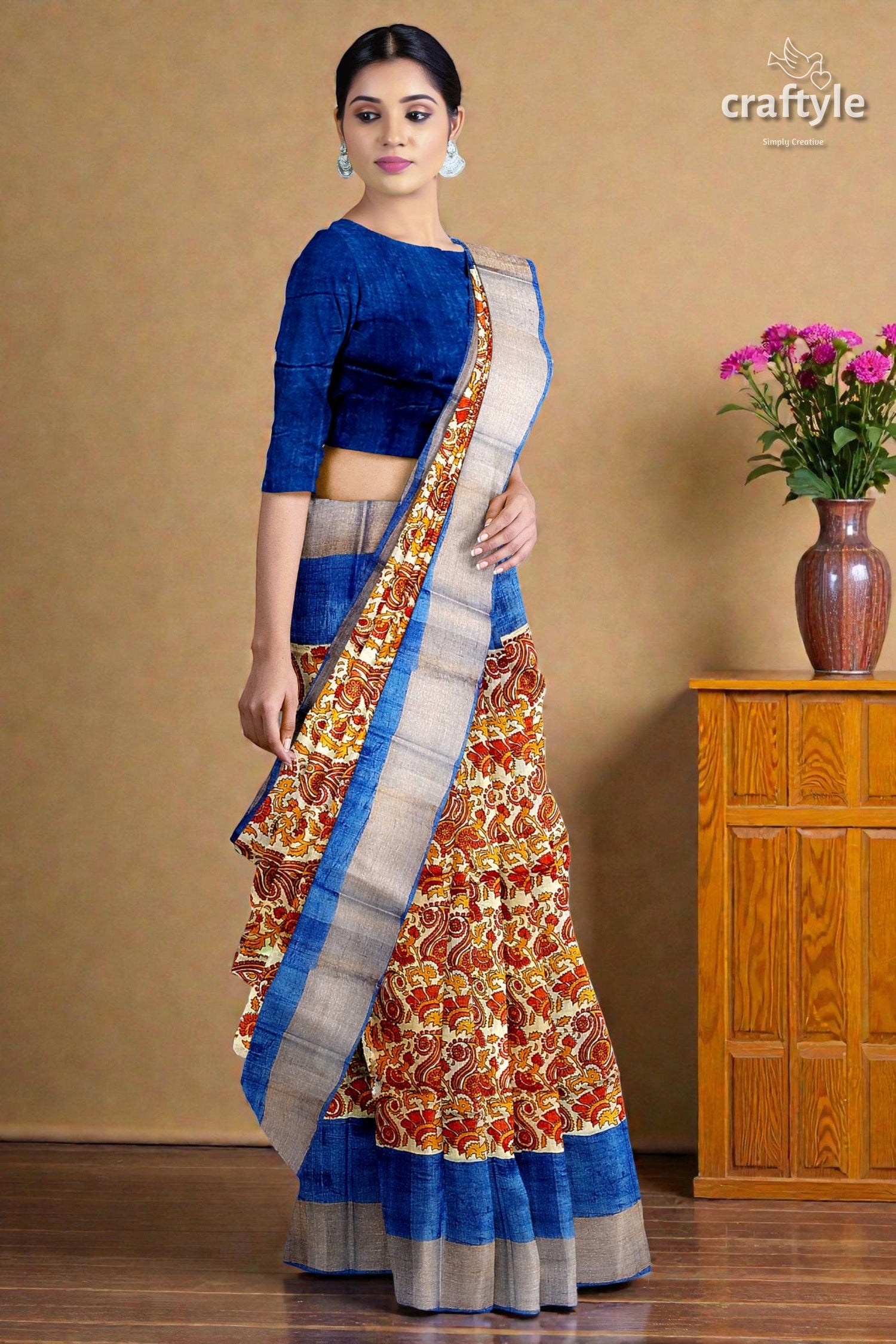 Sand Brown Hand Block Print Pure Tussar Silk Saree with Zari Border