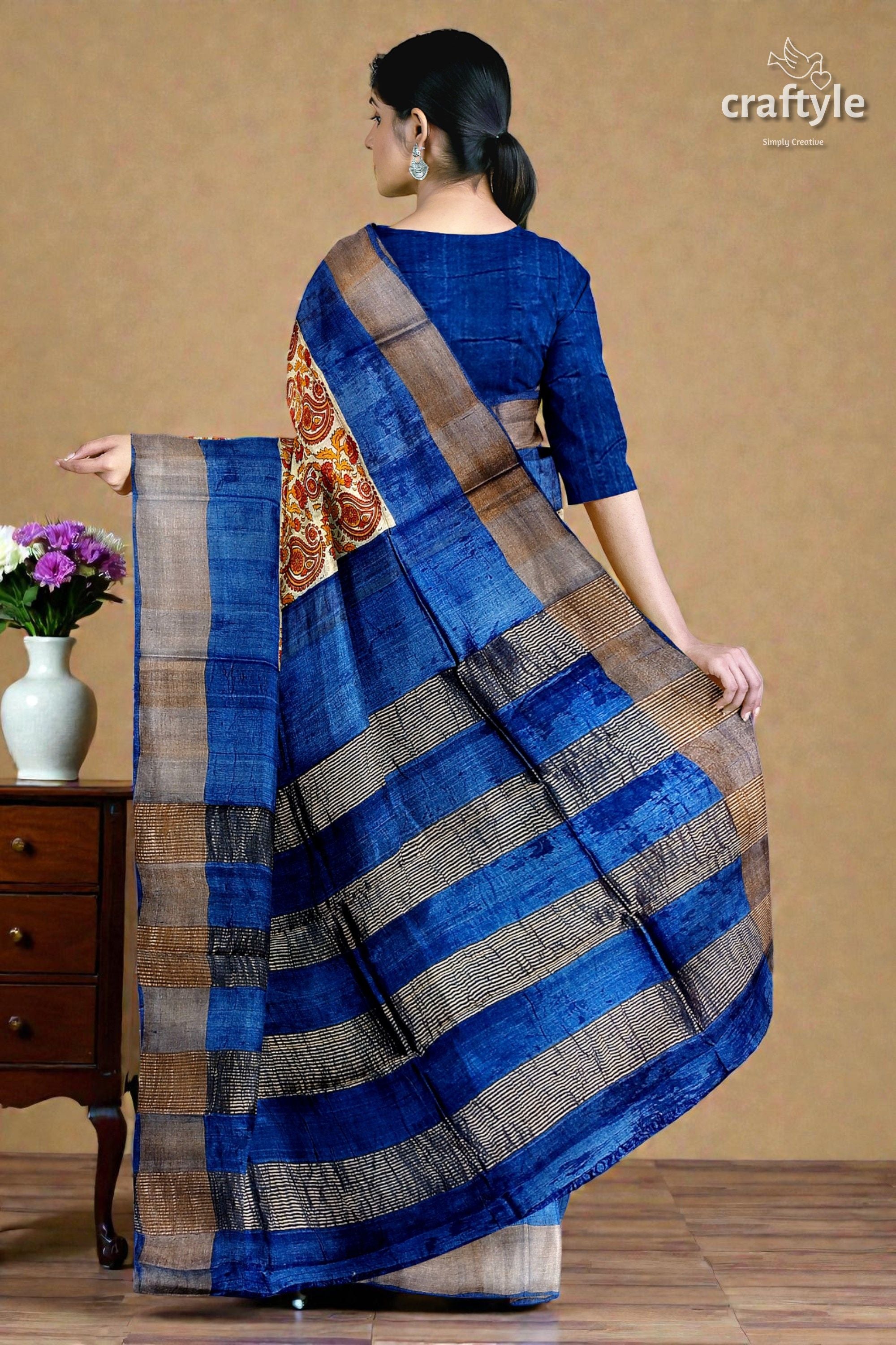 Sand Brown Hand Block Print Pure Tussar Silk Saree with Zari Border