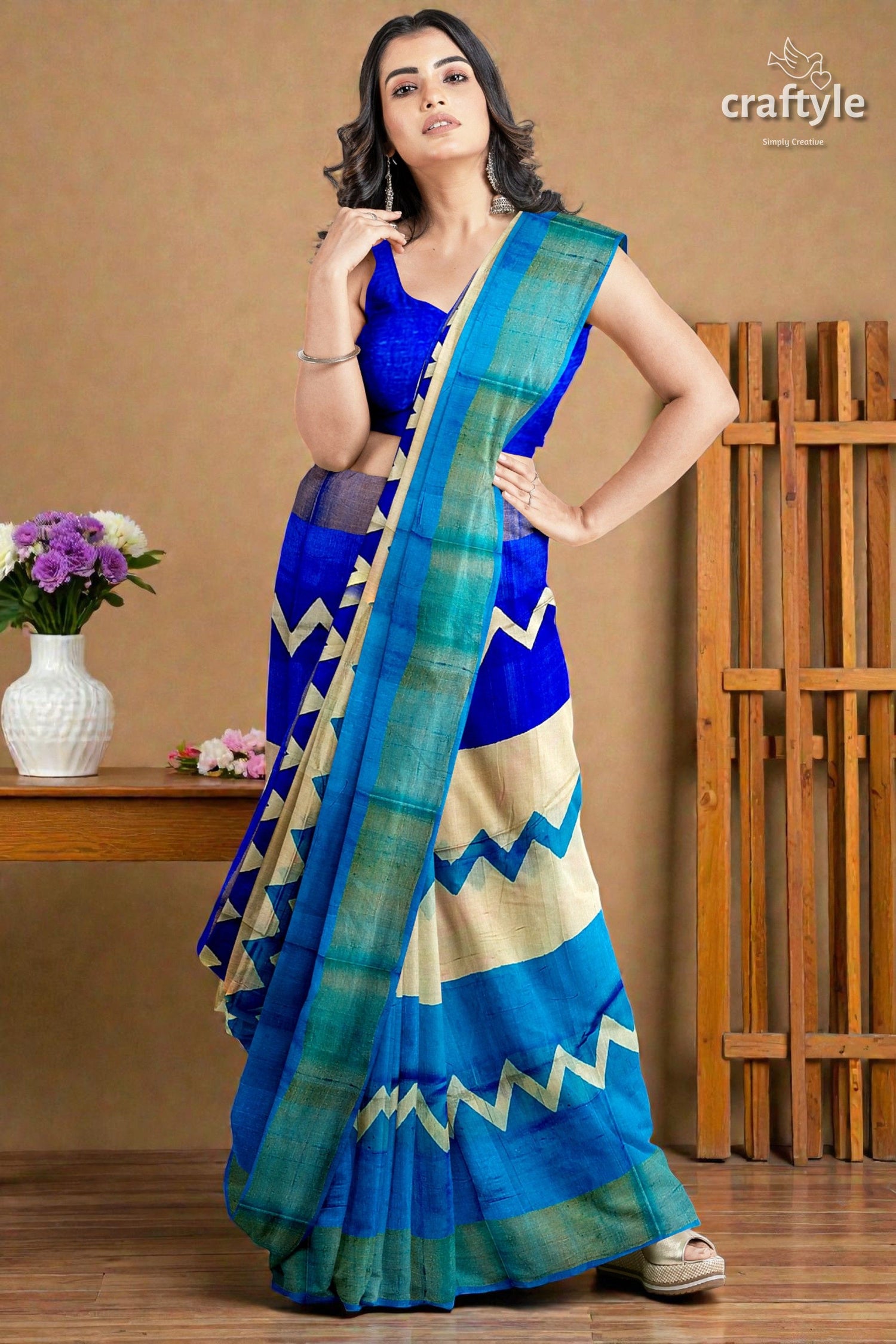 Cream Blue Hand Block Print Pure Tussar Saree with Zari Border