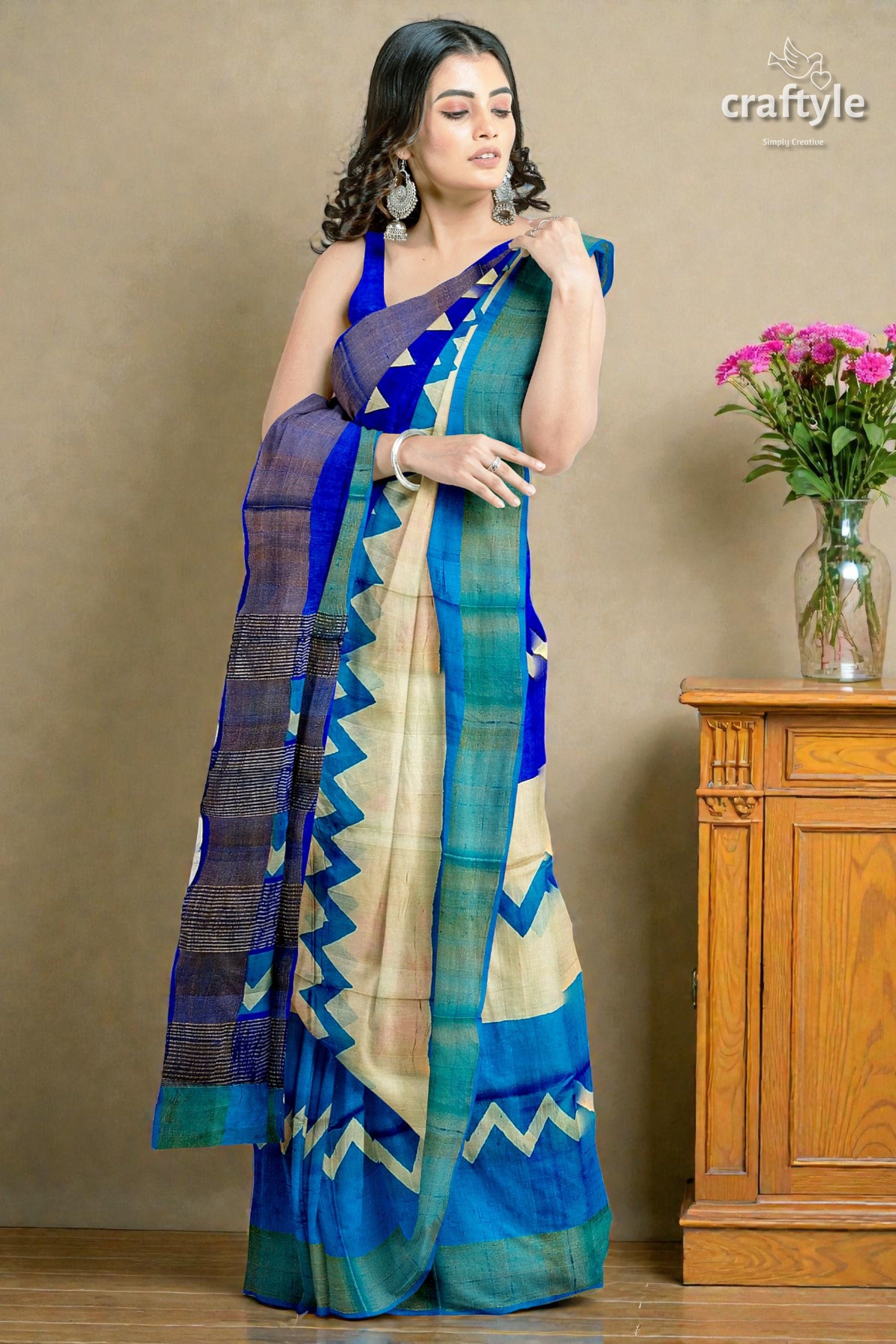 Cream Blue Hand Block Print Pure Tussar Saree with Zari Border