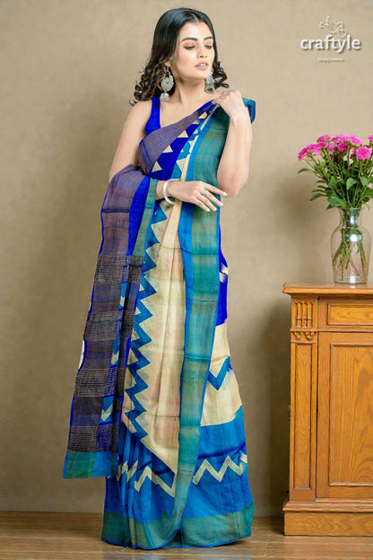 Cream Blue Hand Block Print Pure Tussar Saree with Zari Border