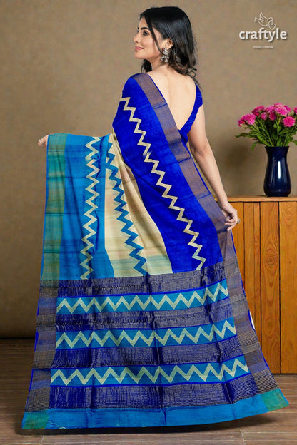 Cream Blue Hand Block Print Pure Tussar Saree with Zari Border