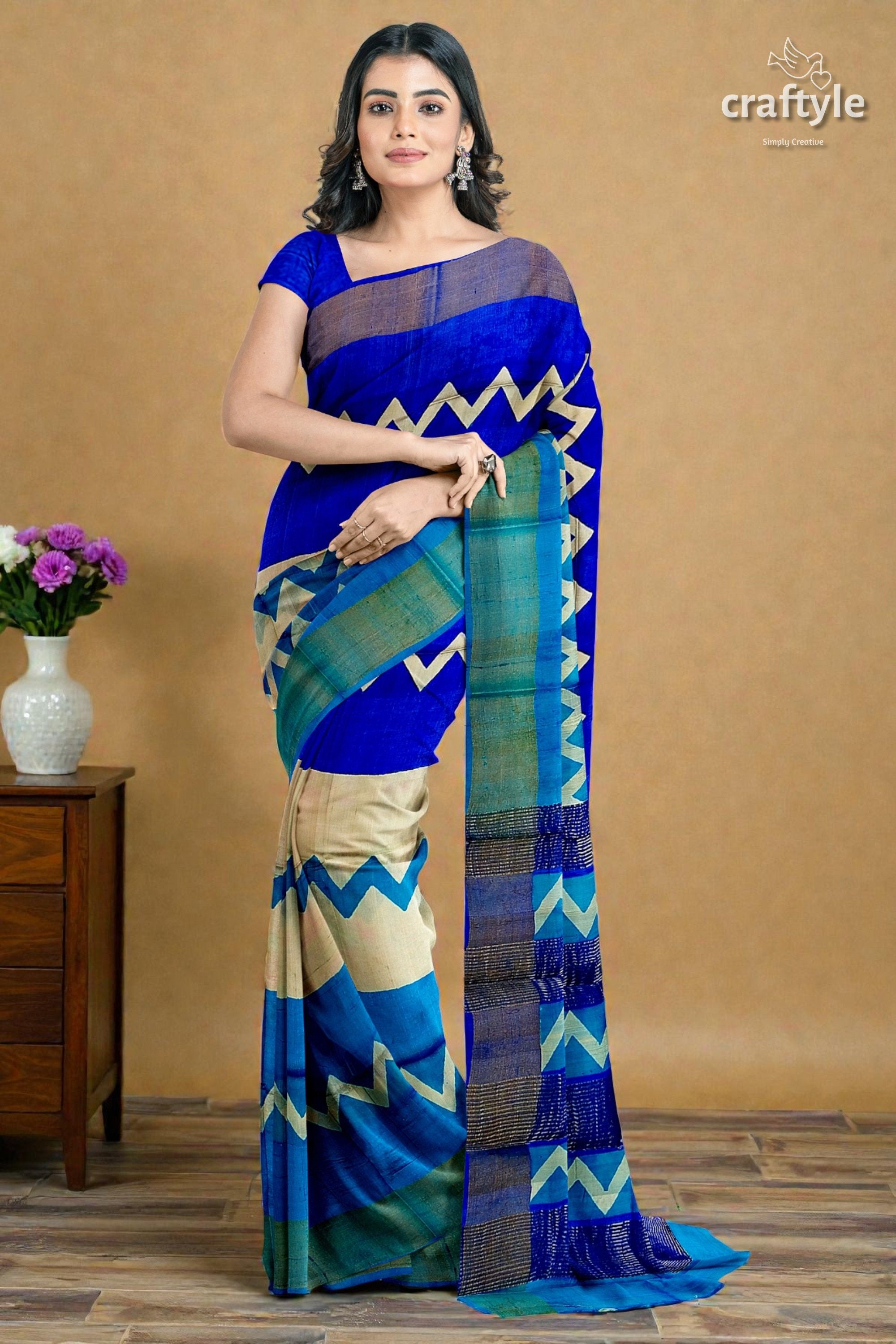 Cream Blue Hand Block Print Pure Tussar Saree with Zari Border