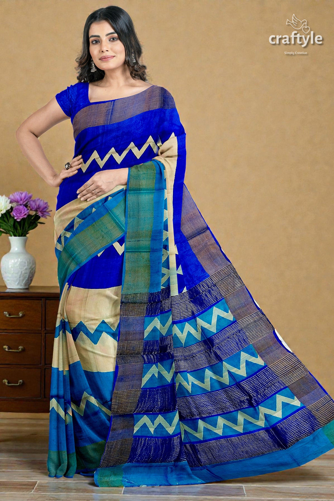 Cream Blue Hand Block Print Pure Tussar Saree with Zari Border