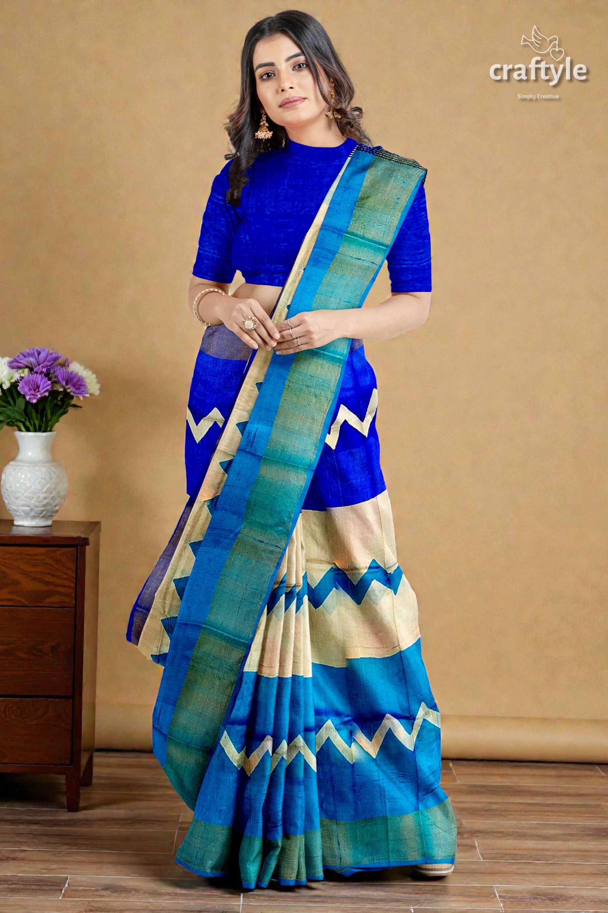 Cream Blue Hand Block Print Pure Tussar Saree with Zari Border