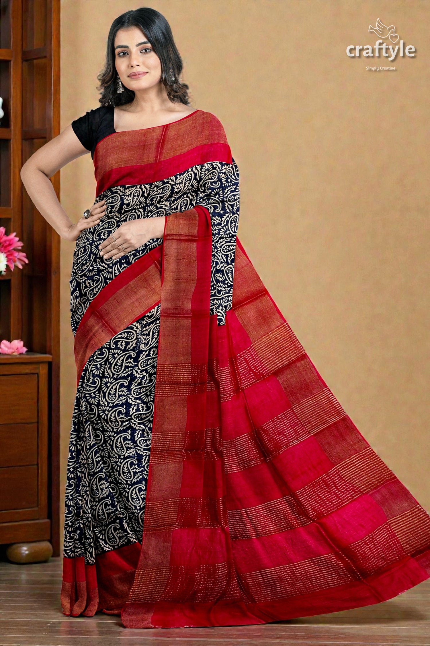 Raven Black Red Hand Block Print Zari Border Pure Tussar Saree