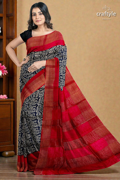 Raven Black Red Hand Block Print Zari Border Pure Tussar Saree