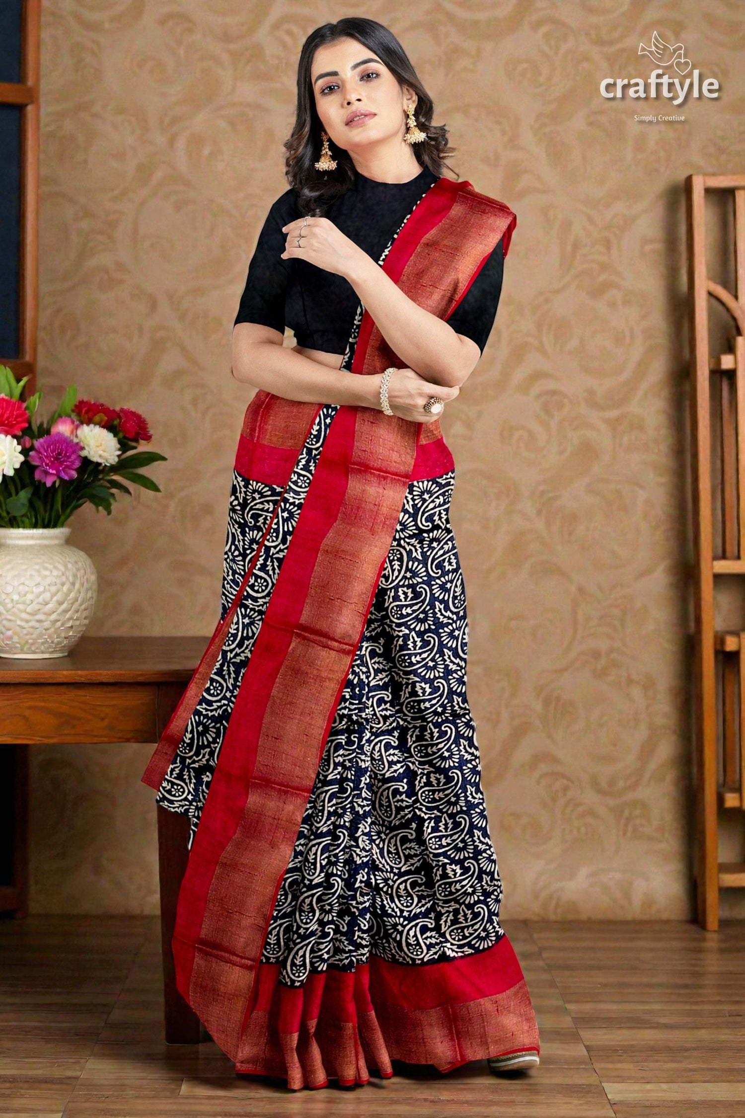 Raven Black Red Hand Block Print Zari Border Pure Tussar Saree