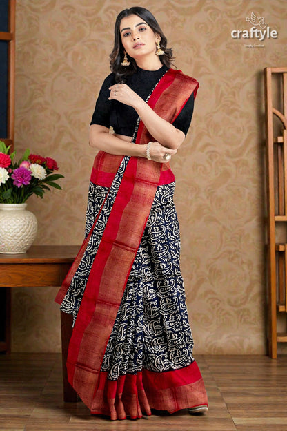 Raven Black Red Hand Block Print Zari Border Pure Tussar Saree