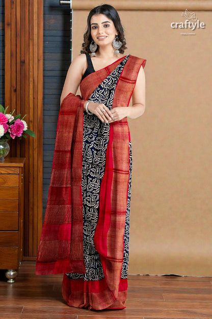 Raven Black Red Hand Block Print Zari Border Pure Tussar Saree