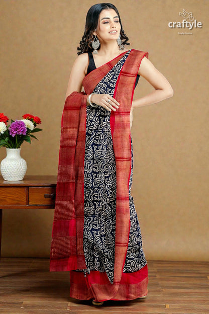 Raven Black Red Hand Block Print Zari Border Pure Tussar Saree